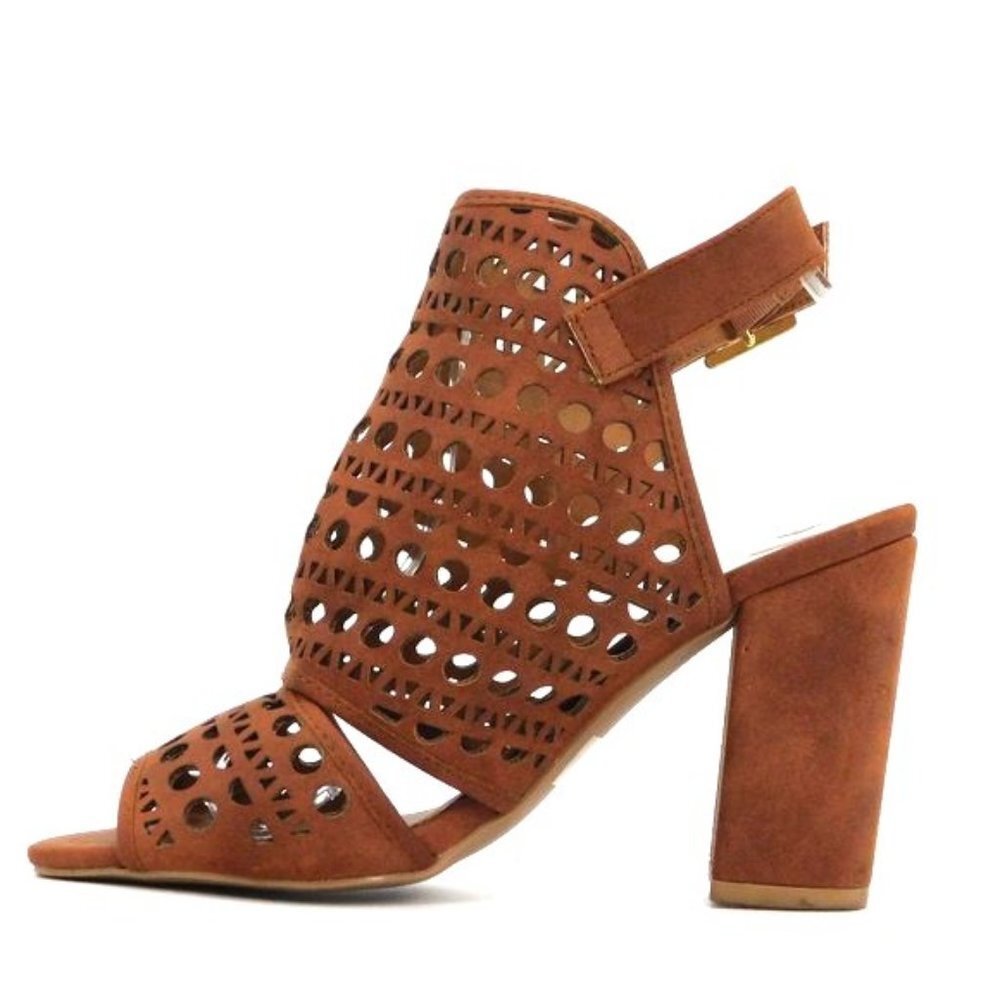 Qupid Nubuck Peep Toe Perforated Block Heel Mule